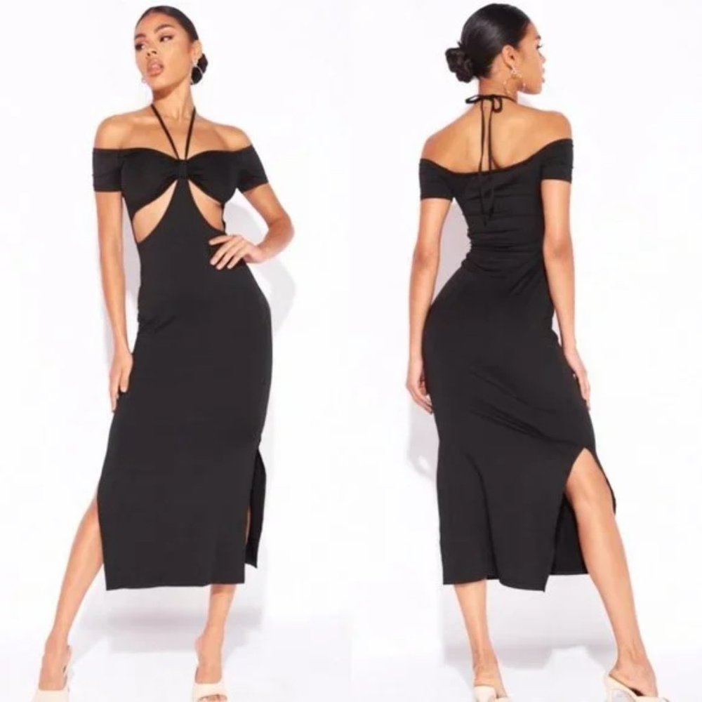 Black Halter Neck Off Shoulder Short Sleeve Side Slit Cutout Bodycon Midi Dress
